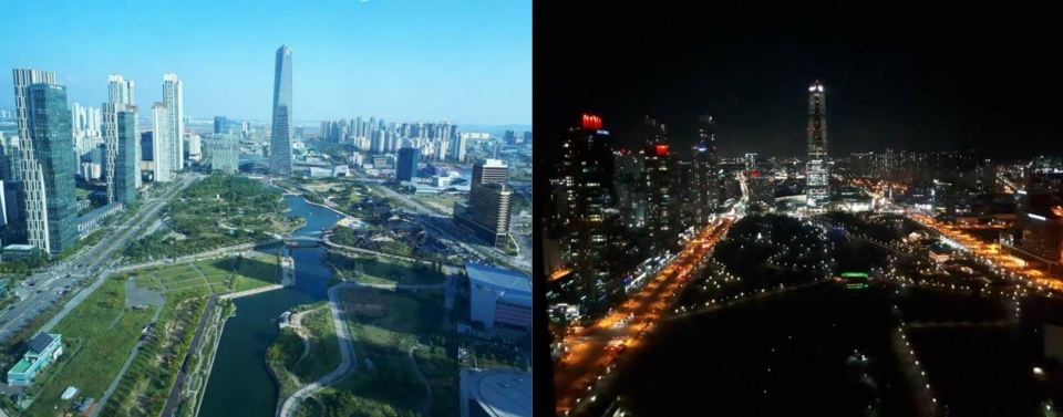 G타워에서 조망되는 송도 센트럴파크 주간과 야간 모습, /사진제공=인천경제자유구역청