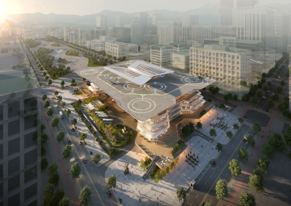 ▲ 김포시가 ‘한강2콤팩트시티’에 계획한 UAM과 전기자동차 등 새로운 모빌리티가 융합된 ‘미래형 환승센터’ 조감도.